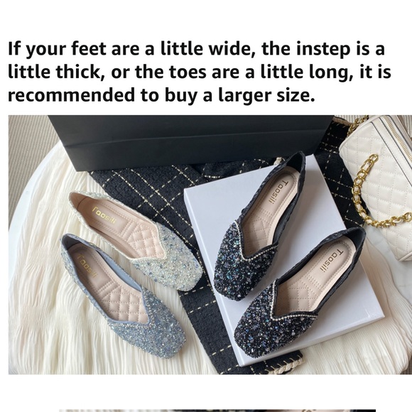 Women's Rhinestone  Square Ballet Flats Low Heel Women Wedding 7.5 Black - Picture 8 of 10